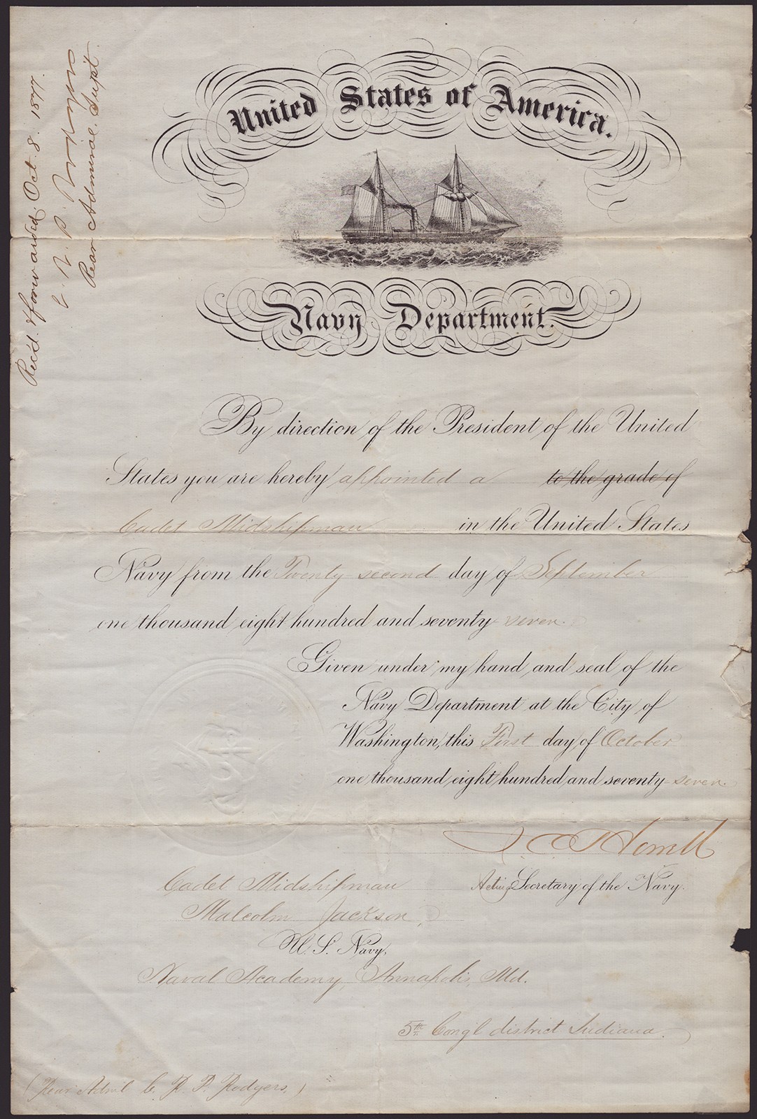 JOHN C. HOWELL - MILITARY APPOINTMENT SIGNED 10/08/1877 WITH CO-SIGNERS JOHN C. HOWELL - MILITARY APPOINTMENT SIGNED 10/08/1877 WITH CO-SIGNERS