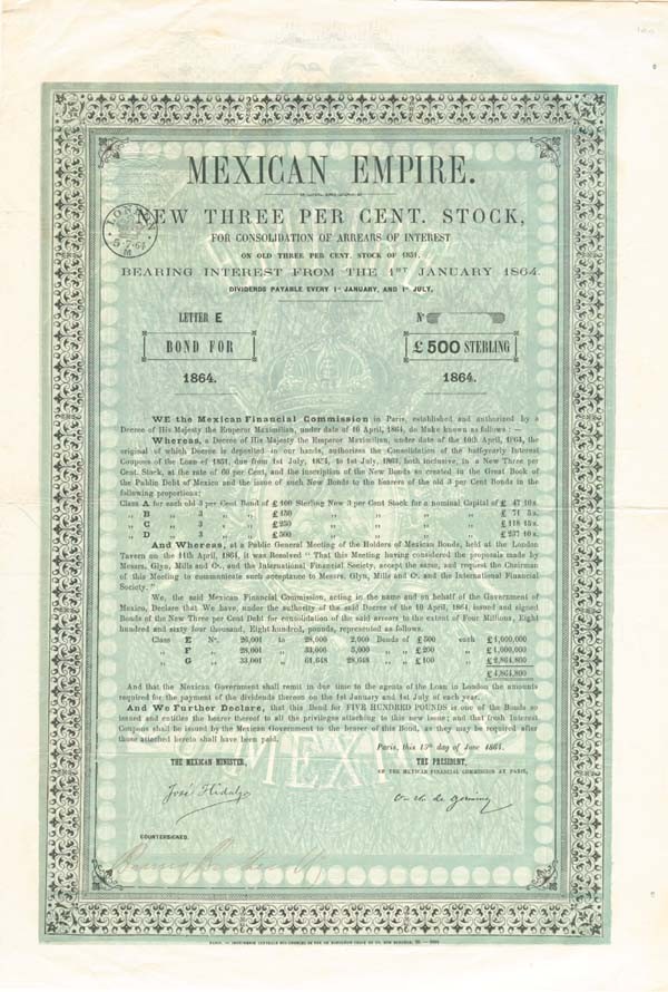 Maximilian 500 British Pounds 1864 dated Mexican Empire Bond - Mexican Stocks Maximilian 500 British Pounds 1864 dated Mexican Empire Bond - Mexican Stocks