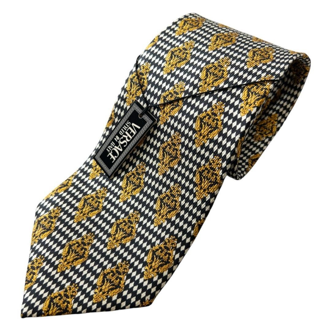Brand New Versace Tie Silk All Over Pattern Geometric Made in Italy Black Men\'s