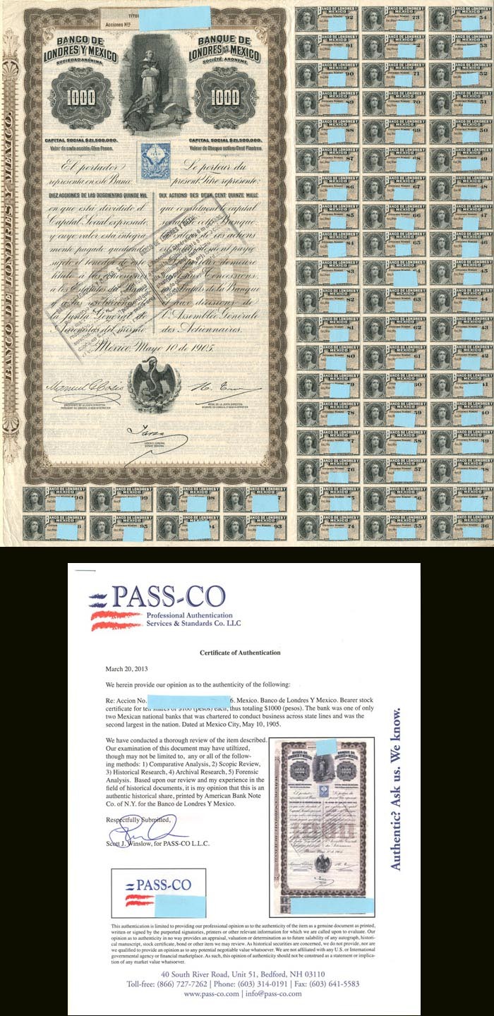 Queen Victoria $1,000 Pesos Banco De Londres Y Mexico - 1905 dated Mexican Sto Queen Victoria $1,000 Pesos Banco De Londres Y Mexico - 1905 dated Mexican Sto