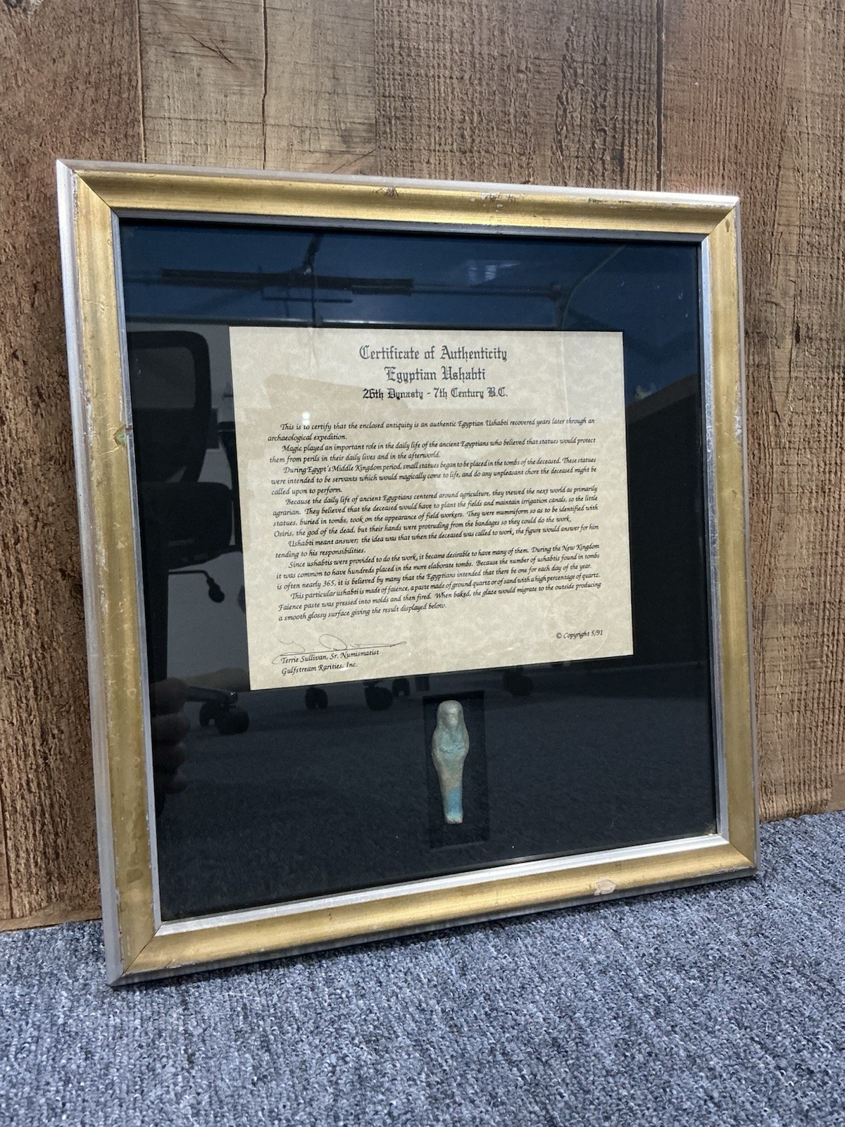 Original 26th Dynasty 7th Century Egyptian Blue Ushabti Frame With COA Original 26th Dynasty 7th Century Egyptian Blue Ushabti Frame With COA