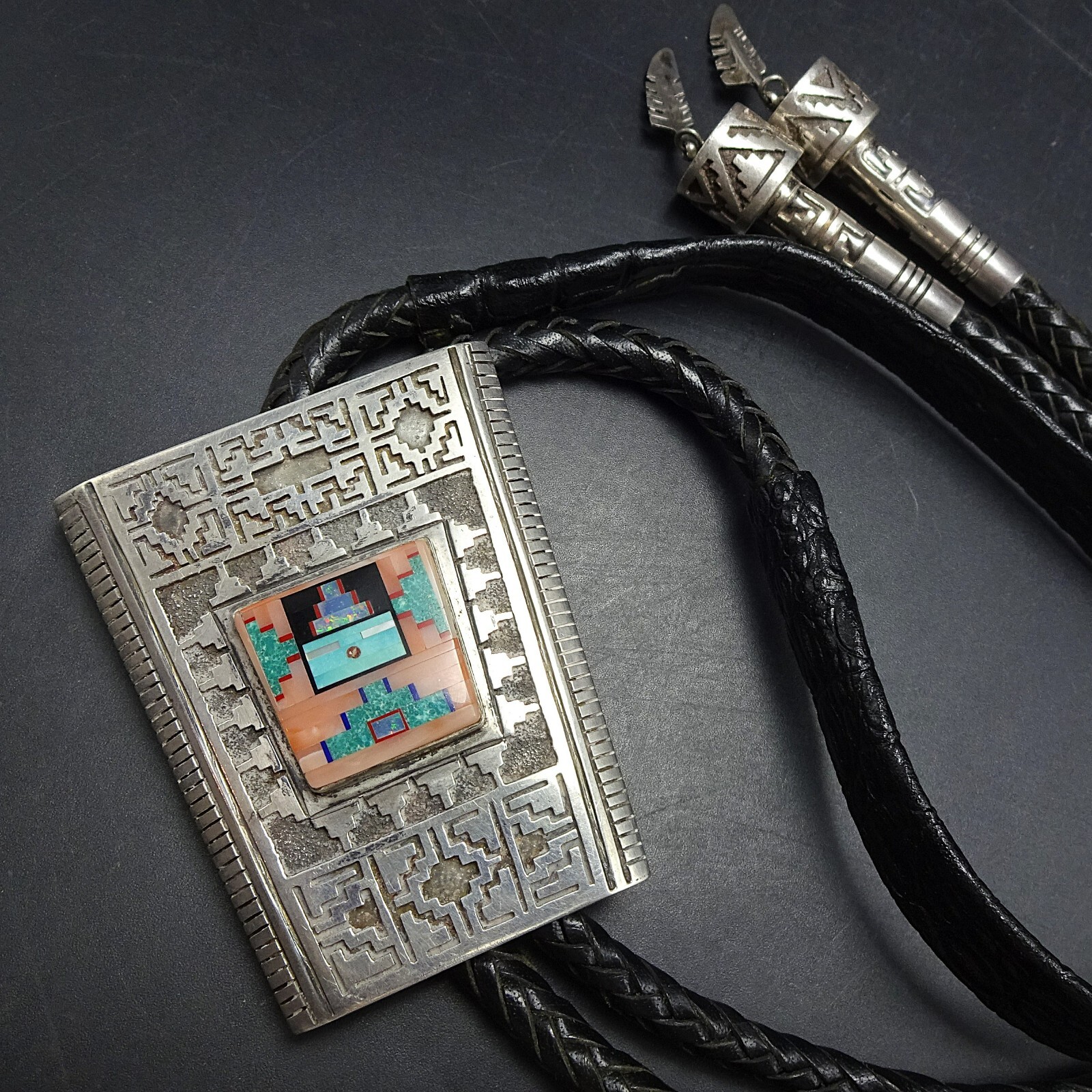 Vintage ABRAHAM BEGAY Navajo TURQUOISE CORAL Inlay Sterling Silver BOLO Tie Vintage ABRAHAM BEGAY Navajo TURQUOISE CORAL Inlay Sterling Silver BOLO Tie