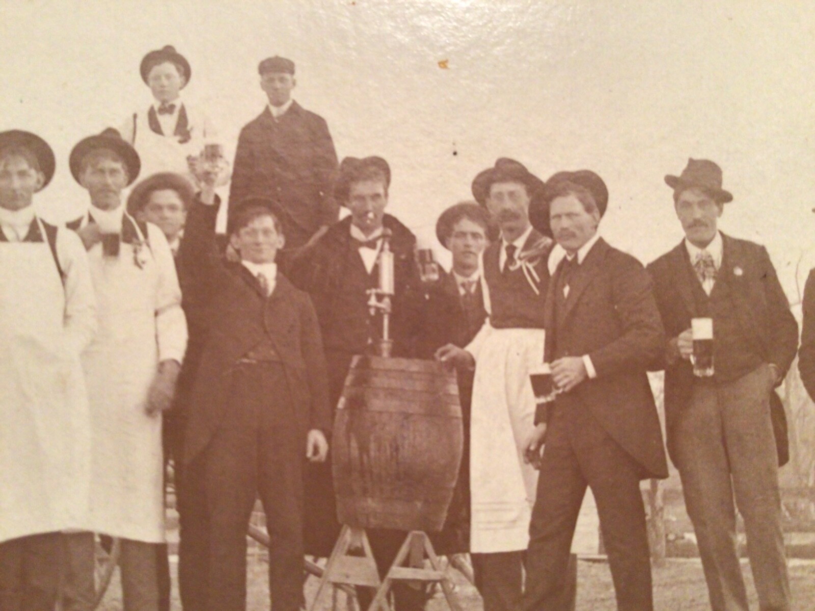 Antq. Mounted Photo Group Of Men Outside Drinking Beer With Keg 1900s IN KY 7X9