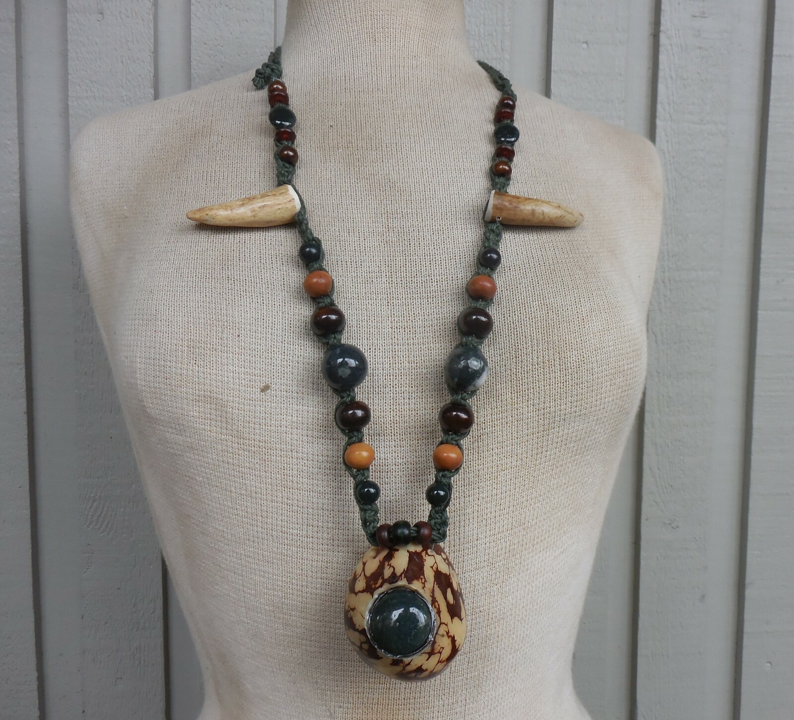 Tagua Secret Pipe Hemp Necklace w/ Moss Agate Bloodstone Antler Tips Adjustable