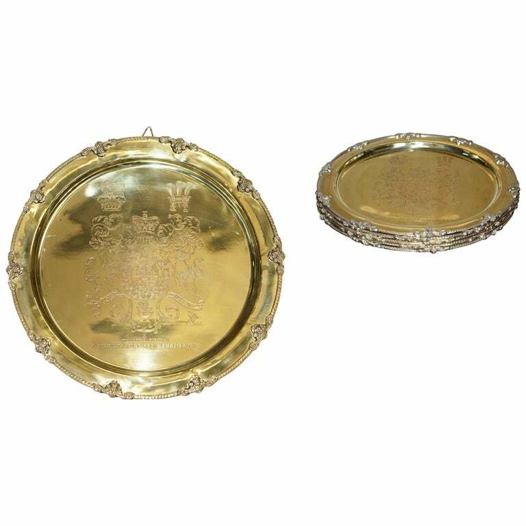1 OF 4 KING GEORGE AUGUSEUE FREDERICK ARMS GILT STERLING SILVER PLATED TRAYS 1 OF 4 KING GEORGE AUGUSEUE FREDERICK ARMS GILT STERLING SILVER PLATED TRAYS