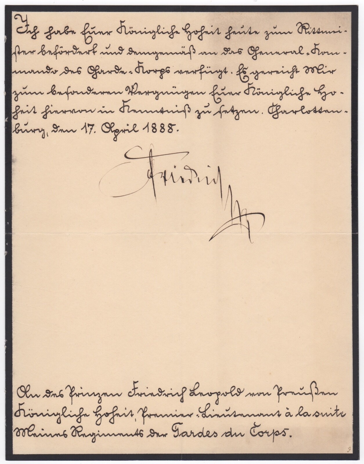 Frederick III. - Exceedingly rare letter signed as King & Emperor (1888/ 99days) Frederick III. - Exceedingly rare letter signed as King & Emperor (1888/ 99days)