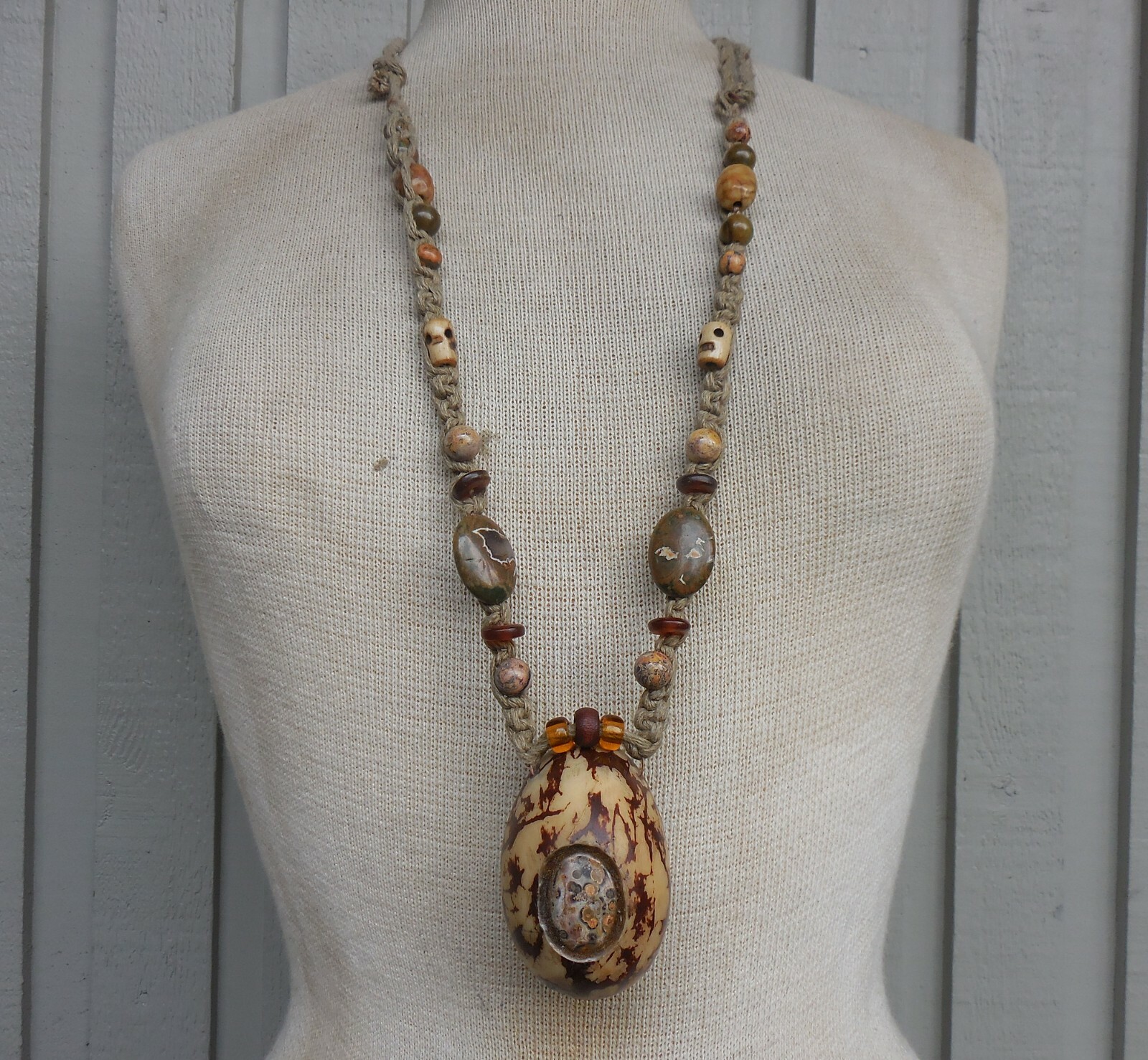 Tagua Secret Pipe Hemp Necklace with Leopard Skin Jasper Inlay Adjustable Length