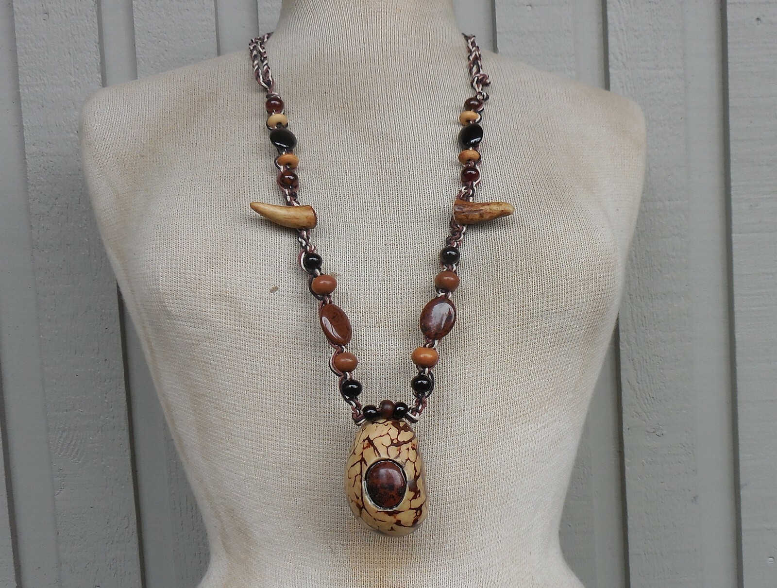 Tagua Secret Pipe Hemp Necklace w Mahogany Obsidian Deer Antler Tips Adjustable