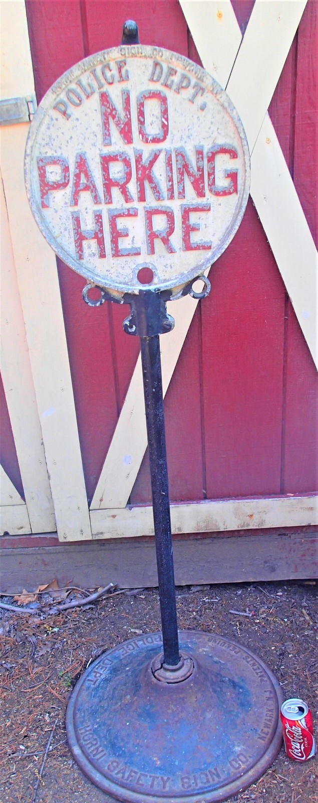 ANTIQUE ALUMINUM NO PARKING POLICE DEPT SIGN STEEL POLE STAND BASE NEWARK NJ USA