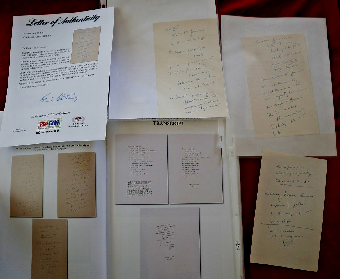 JOHN F KENNEDY HANDWRITTEN OWNED 3PG SPEECH DRAFT HARVARD ADDRESS SIGNED PSA LOA JOHN F KENNEDY HANDWRITTEN OWNED 3PG SPEECH DRAFT HARVARD ADDRESS SIGNED PSA LOA
