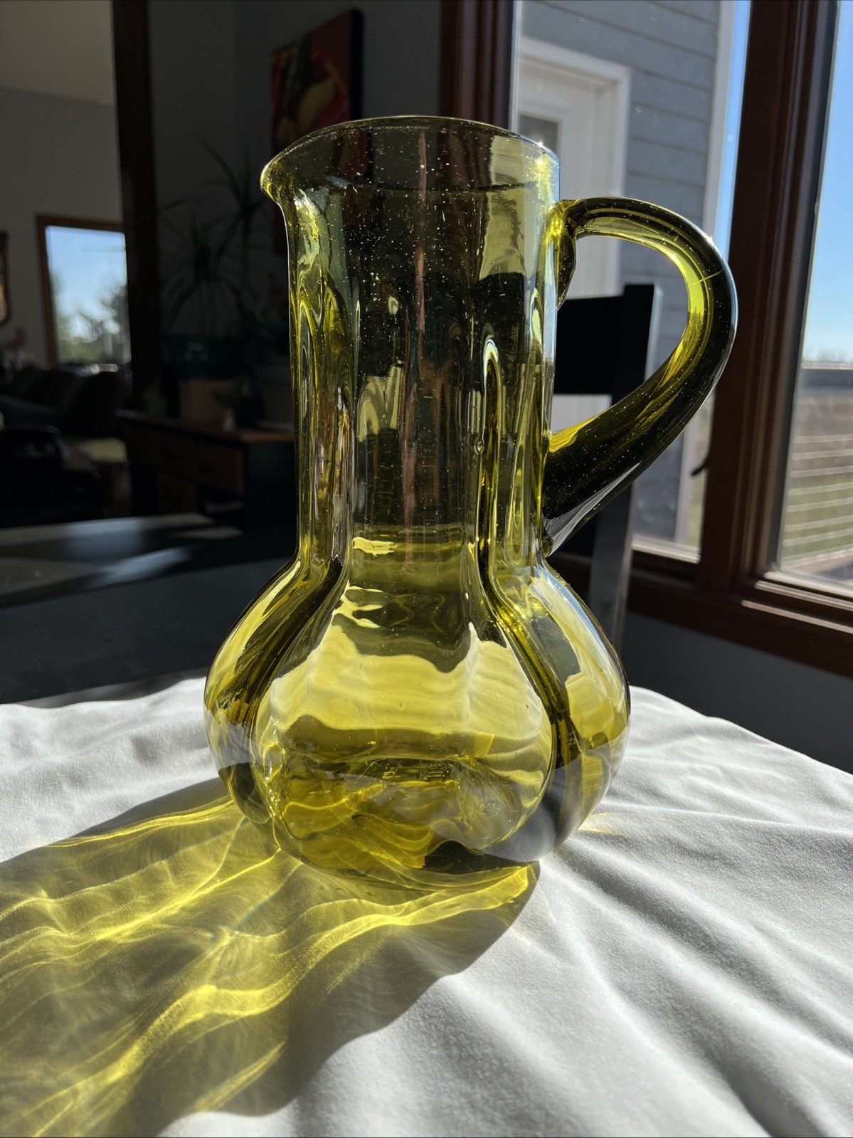 Blenko? Vintage Avocado Green Hand Blown Glass Applied Handle Pitcher 11” -Super