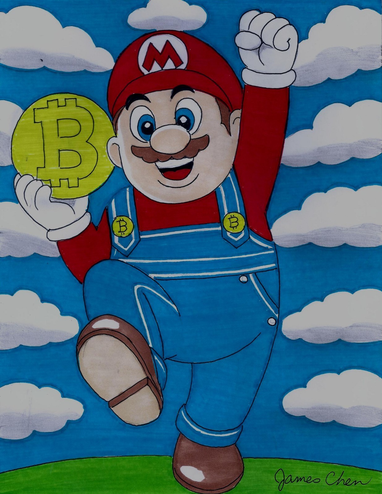 SUPER MARIO POWERS UP WITH BITCOIN FINE ART POP ART ORIGINAL COMIC COLOR ART SUPER MARIO POWERS UP WITH BITCOIN FINE ART POP ART ORIGINAL COMIC COLOR ART