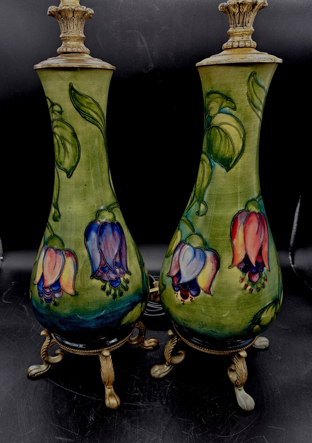 2 - 1948 Walter MOORCROFT Art Pottery Large Fuschia Floral Table Lamp SET WORK