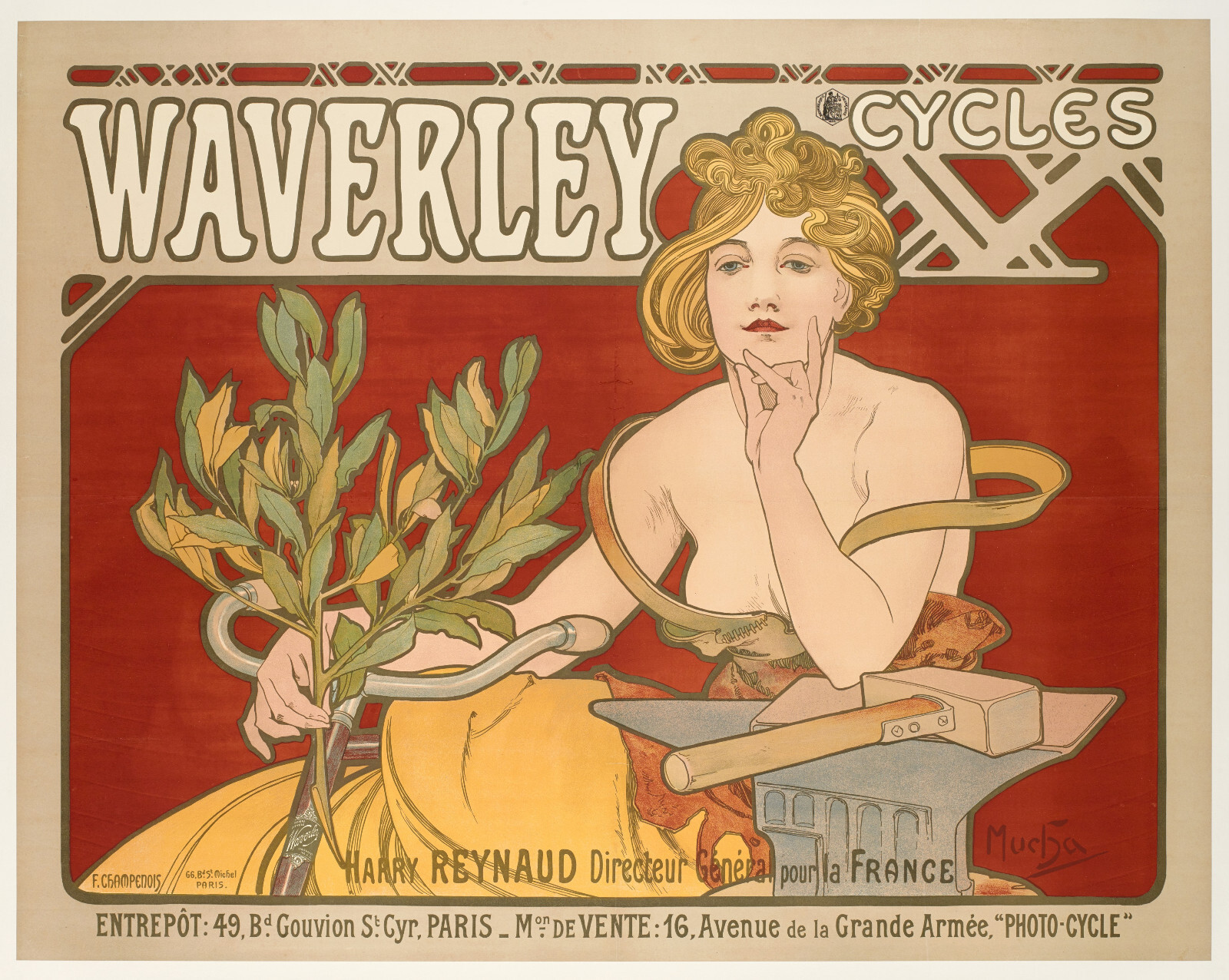 Original Art Nouveau Poster, Alphonse Mucha, Waverley Cycles, Anvil 1898 Original Art Nouveau Poster, Alphonse Mucha, Waverley Cycles, Anvil 1898
