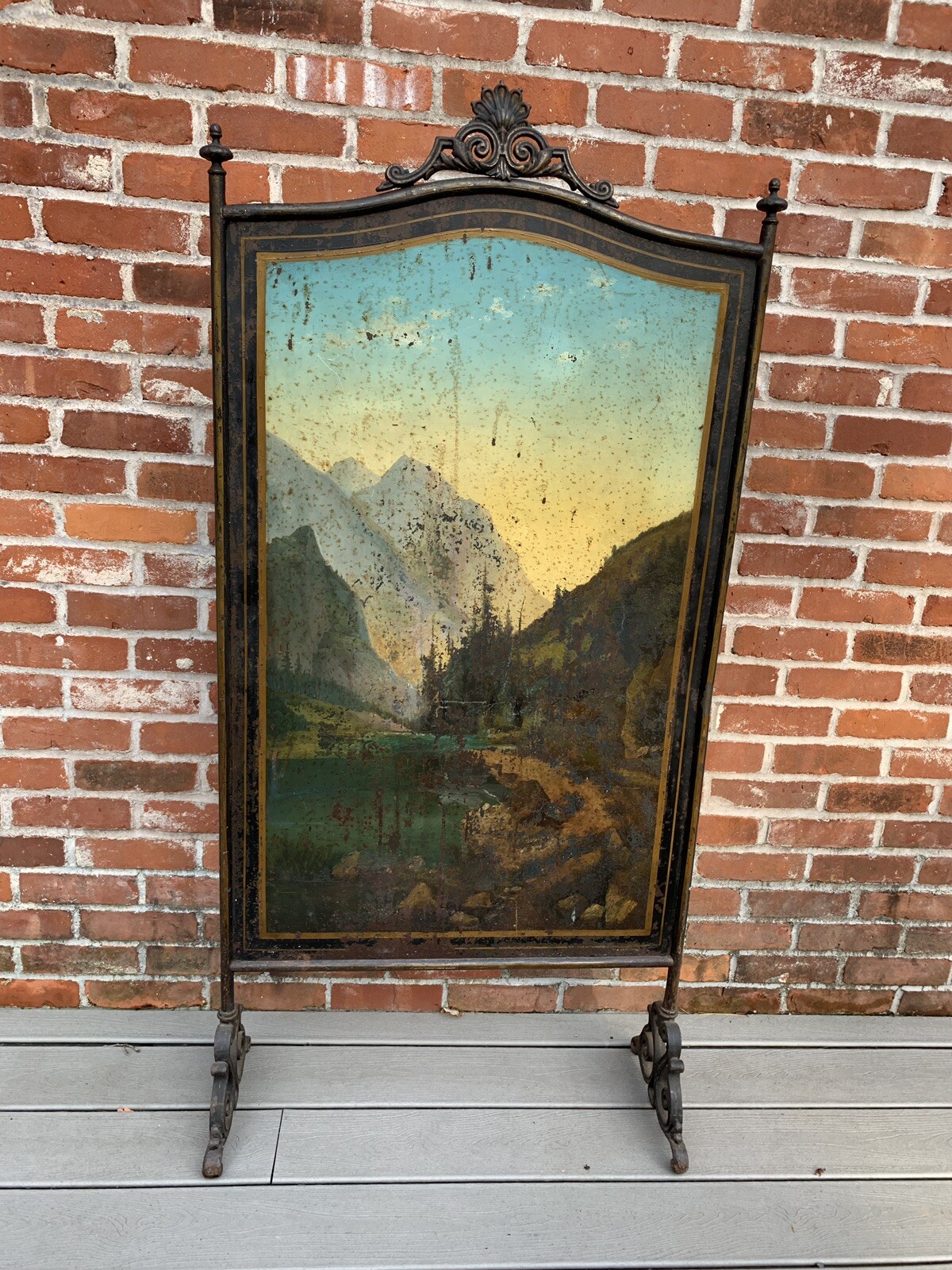 Antique Landscape Painting Tole Fireplace Screen Divider Shabby Toleware