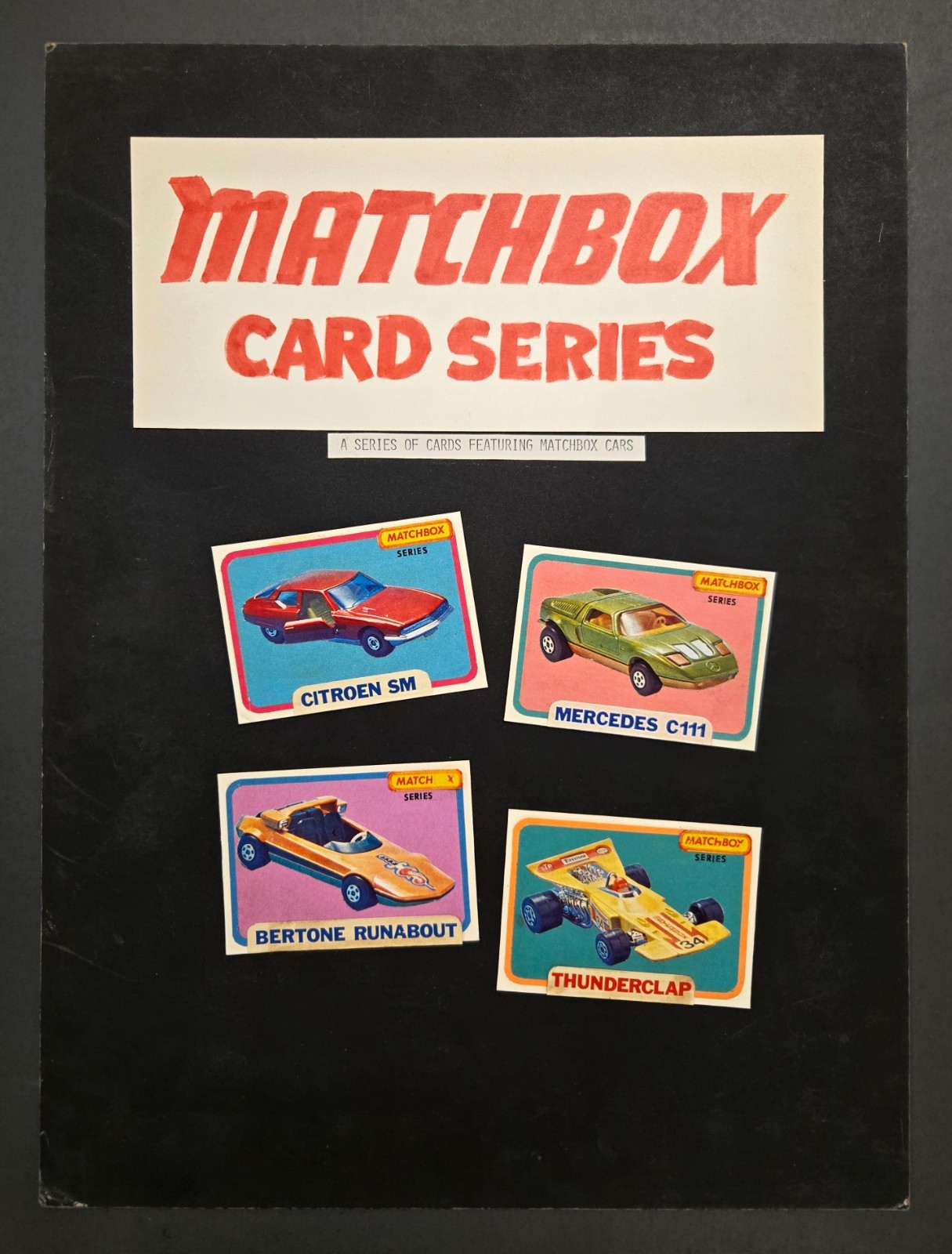 1971 Topps Matchbox Speed Kings: 4 Prototype Cards on Art Board - One of a kind