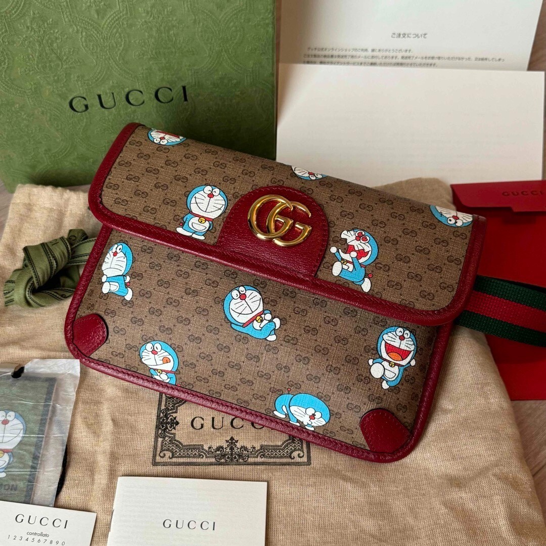 Gucci Doraemon Web Flap Belt Bag Printed Mini GG Coated Canvas Brown Gucci Doraemon Web Flap Belt Bag Printed Mini GG Coated Canvas Brown
