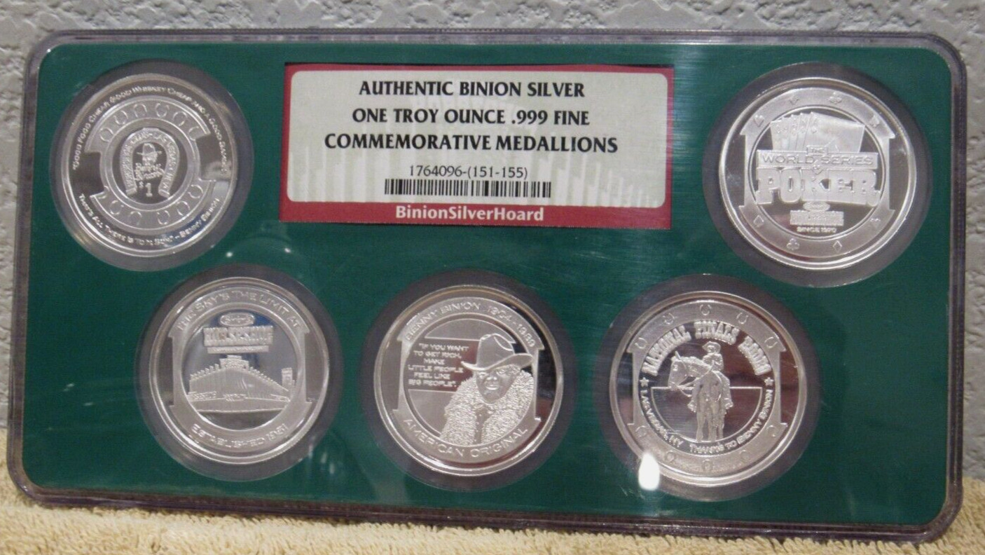 RARE Authentic Binion Silver Hoard Set 5 One Troy Oz .999 Fine Silver Rounds NGC RARE Authentic Binion Silver Hoard Set 5 One Troy Oz .999 Fine Silver Rounds NGC