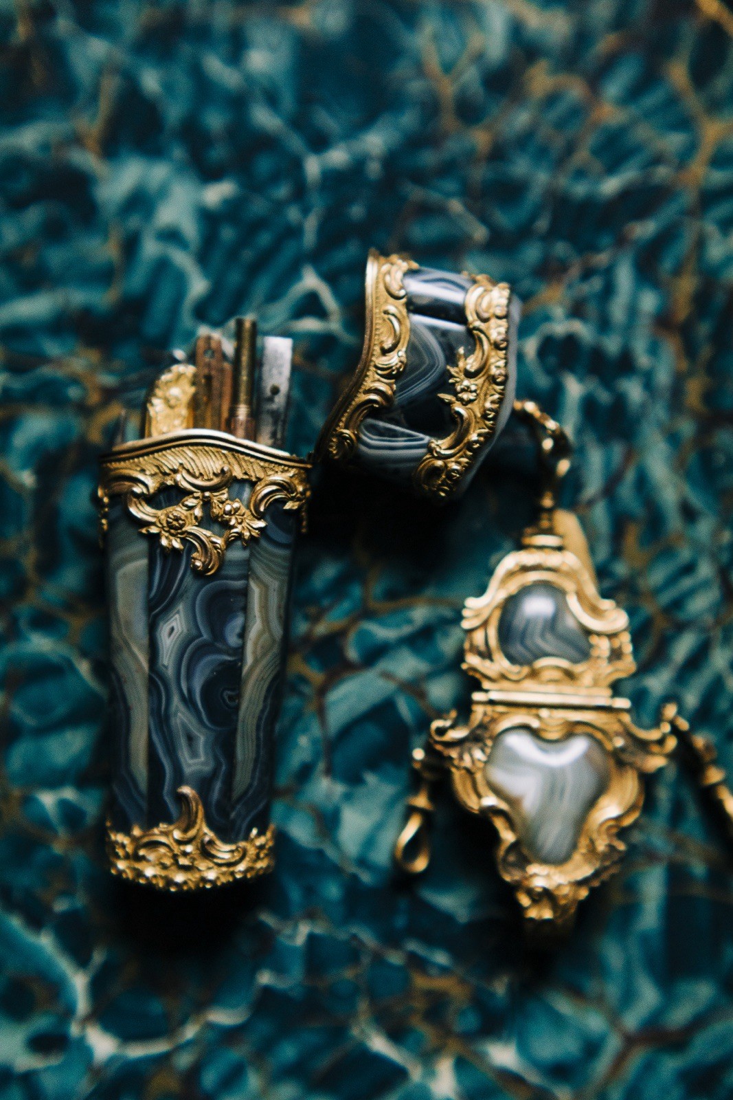 RARE Sewing Etui / Necessaire 1750 England, Priest & Co. Gilt Bronze, Agate + RARE Sewing Etui / Necessaire 1750 England, Priest & Co. Gilt Bronze, Agate +