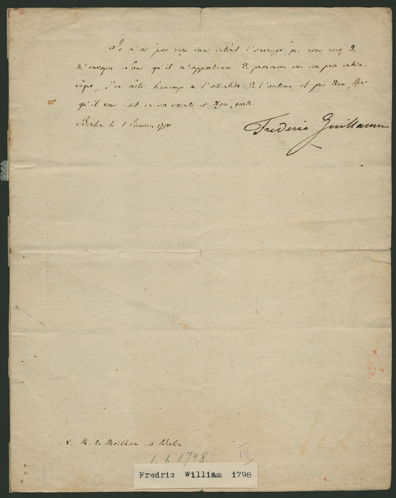 KING FREDERICK WILLIAM III - AUTOGRAPH LETTER SIGNED 1798