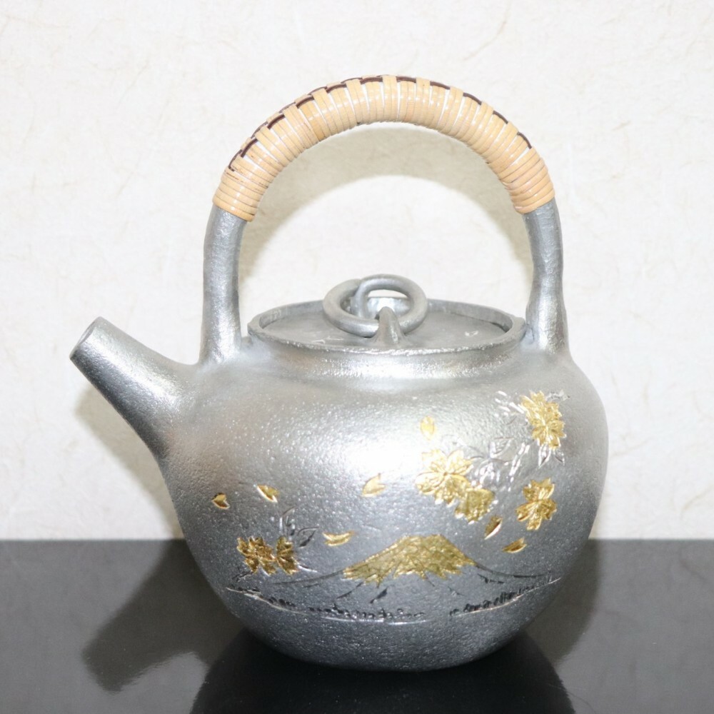 Kyusu Takaoka Traditional Craft Japanese Tin Tea pot Fuji Sakura Carved Japan