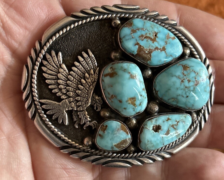 Rare Great Sterling Silver Navajo Michael Perry Eagle Turquoise Belt Buckle Rare Great Sterling Silver Navajo Michael Perry Eagle Turquoise Belt Buckle