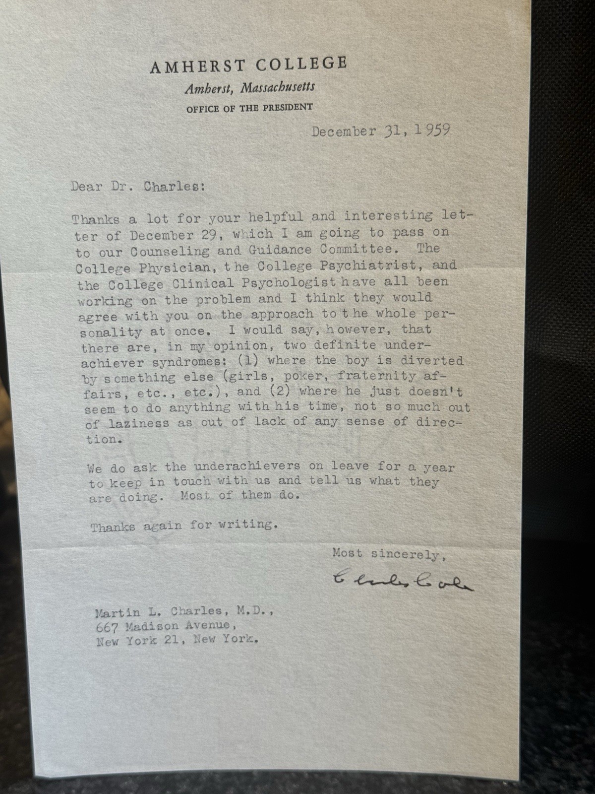 AMHERST COLLEGE Letter Charles Cole President Signed To Dr. Martin L. Charles