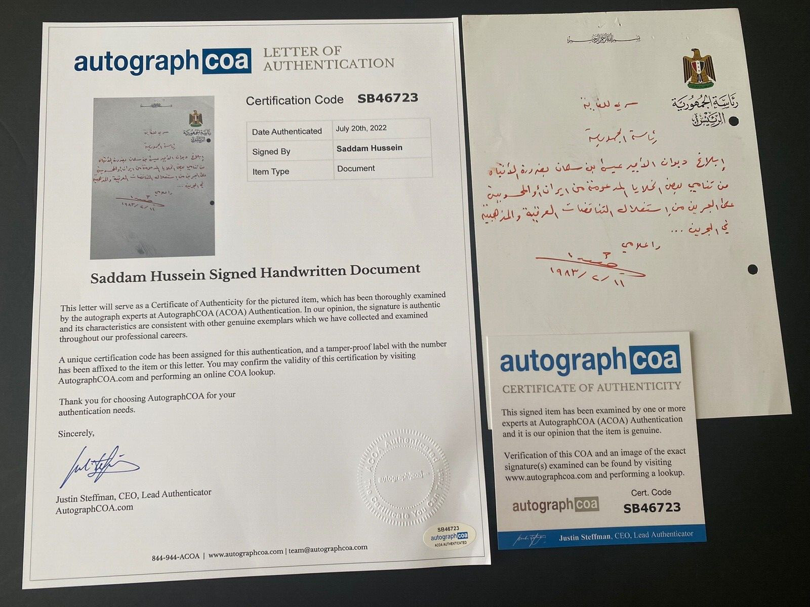 Autograph Saddam Hussein Top Secret Message to Emir Issa bin Salman Bahrain Iran Autograph Saddam Hussein Top Secret Message to Emir Issa bin Salman Bahrain Iran