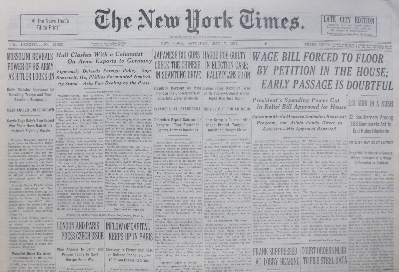 5-1938 May 7 MUSSOLINI REVEALS POWER OF HIS ARMY TO HITLER. HULL CLASH COLUMNIST 5-1938 May 7 MUSSOLINI REVEALS POWER OF HIS ARMY TO HITLER. HULL CLASH COLUMNIST