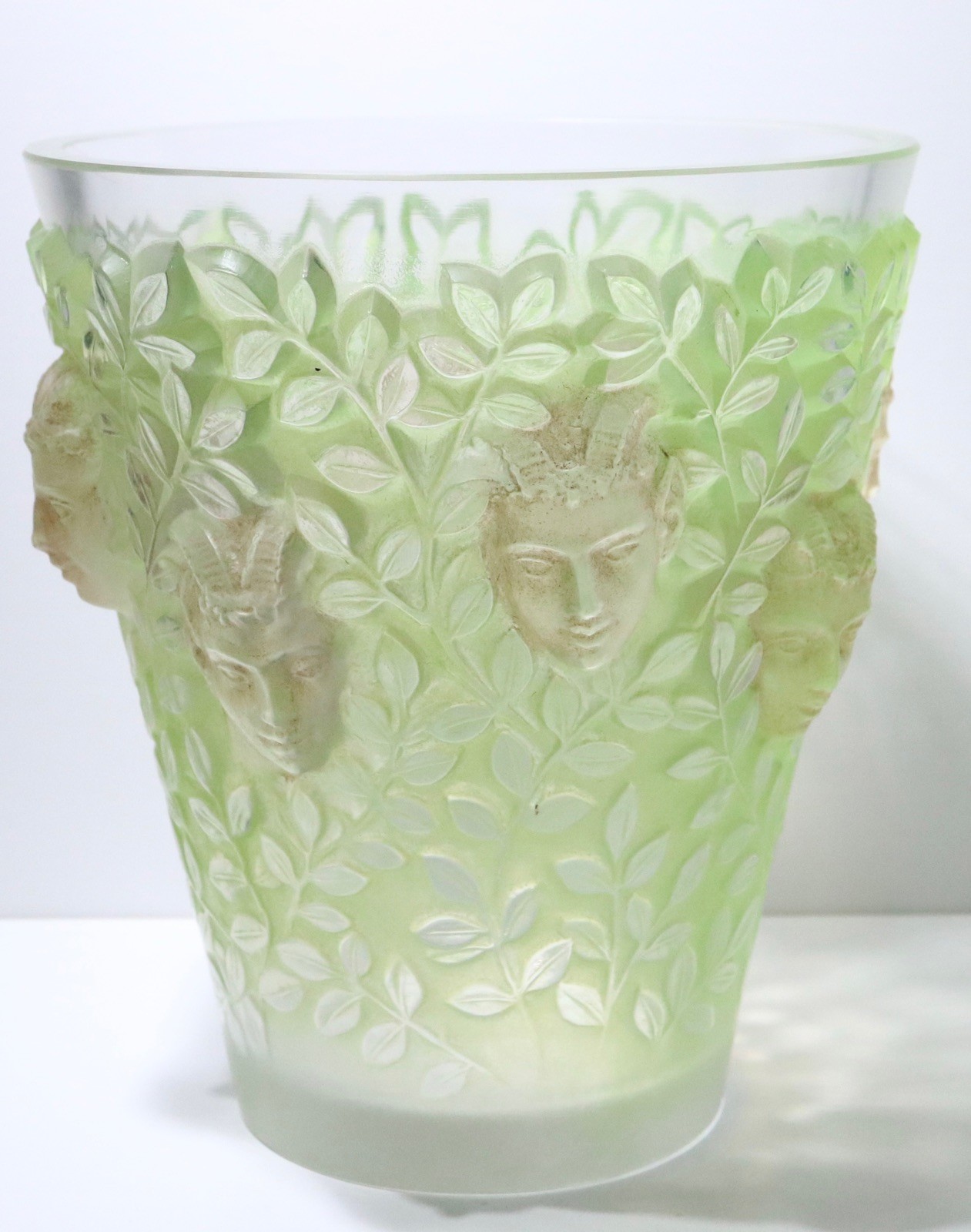 René Lalique Silènes Vase No. 10-923 Green Patinated Opalescent c1938 Signed René Lalique Silènes Vase No. 10-923 Green Patinated Opalescent c1938 Signed
