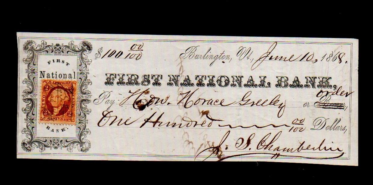 1868 - Fantastic Check signed by Horace Greeley - Autograph 1868 - Fantastic Check signed by Horace Greeley - Autograph