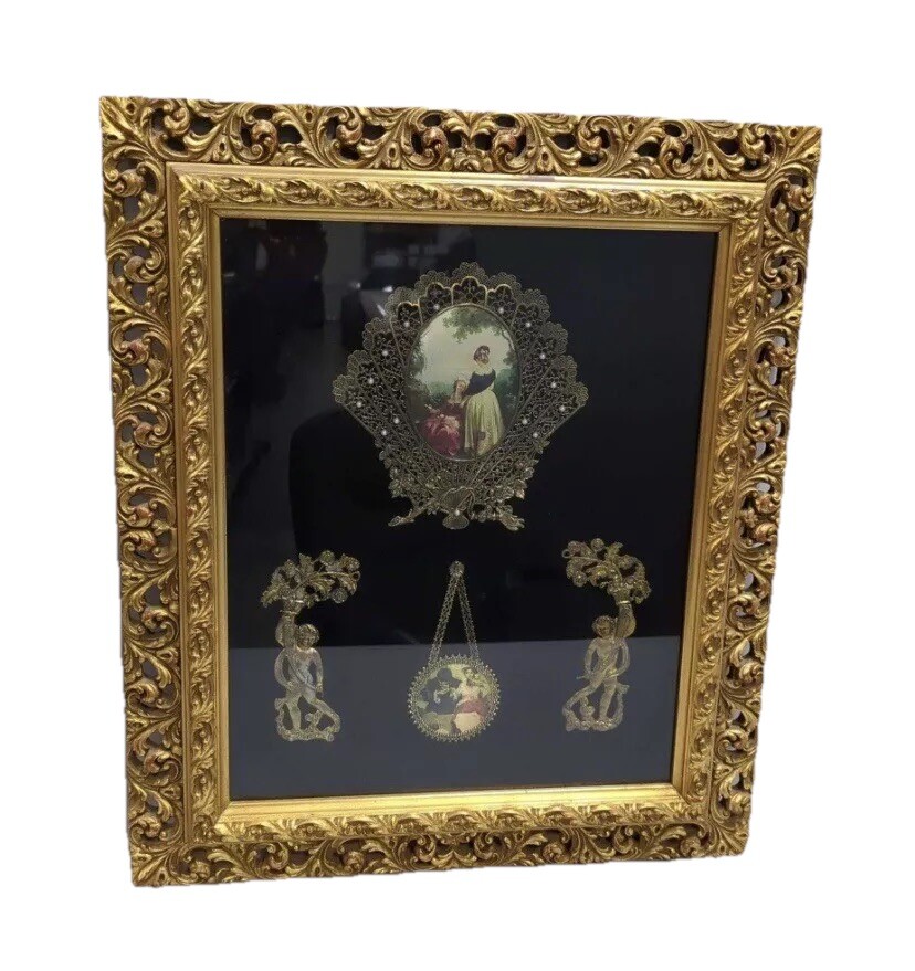 100-200 y/o Antique - Original Vintage Metal & Pearl Victorian Wall Art Framed 100-200 y/o Antique - Original Vintage Metal & Pearl Victorian Wall Art Framed