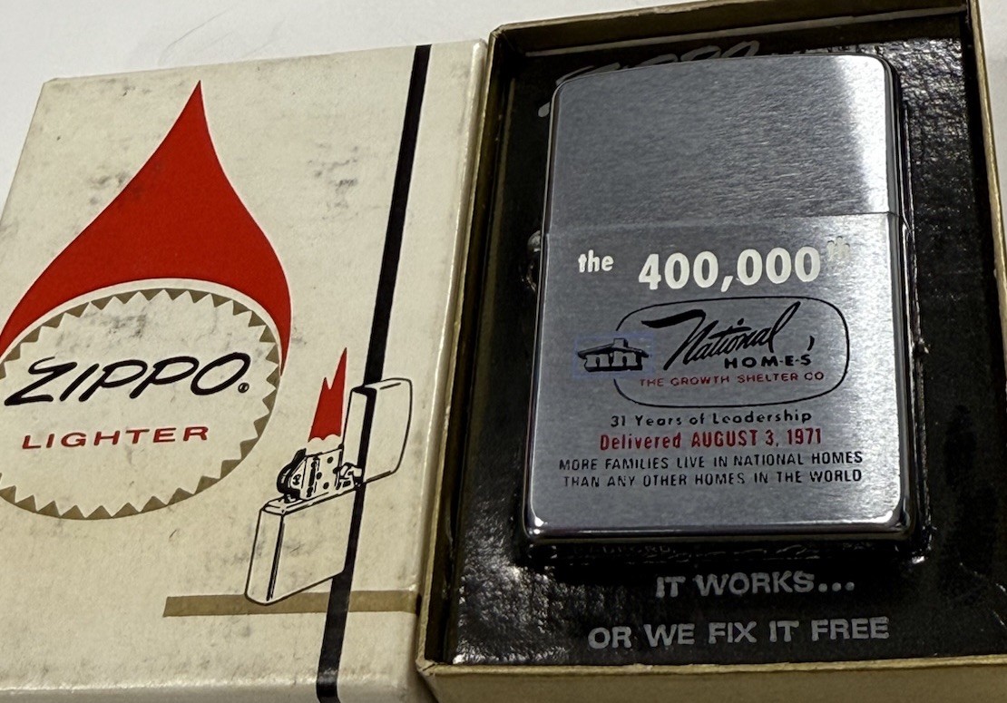 ZIPPO 1971 THE 400,000TH NATIONAL HOMES DOUBLE SIDED LIGHTER UNFIRED IN BOX B20 ZIPPO 1971 THE 400,000TH NATIONAL HOMES DOUBLE SIDED LIGHTER UNFIRED IN BOX B20