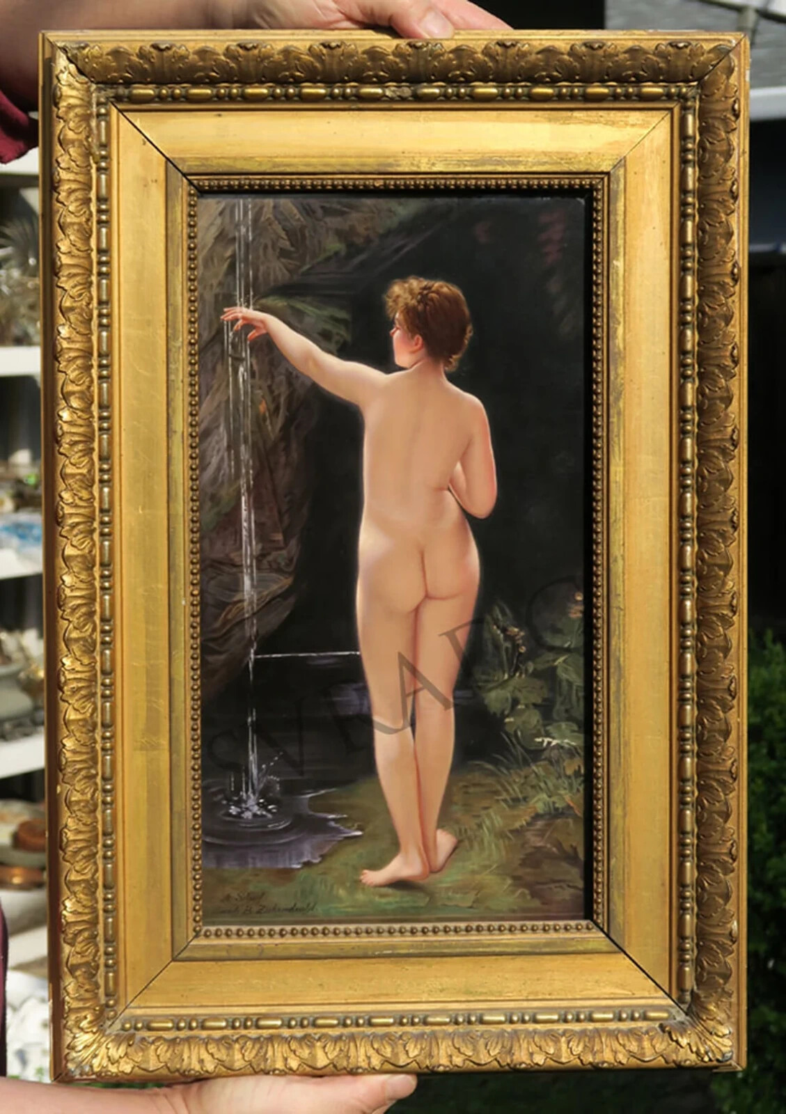 Kpm Porcelain Plaque Berlin Nouveau Nude Bather Girl Waterfall Antique Kpm Porcelain Plaque Berlin Nouveau Nude Bather Girl Waterfall Antique