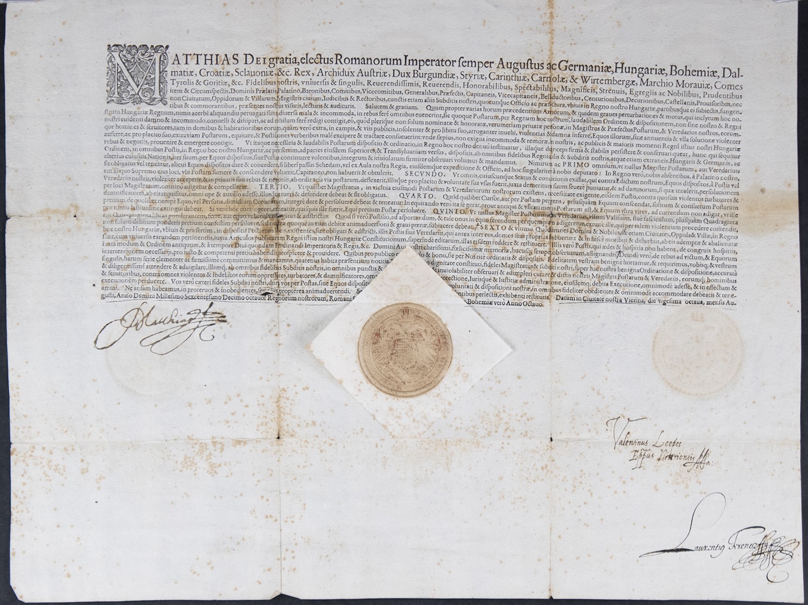 EMPEROR MATTHIAS (HOLY ROMAN) - DOCUMENT SIGNED 08/28/1618 EMPEROR MATTHIAS (HOLY ROMAN) - DOCUMENT SIGNED 08/28/1618