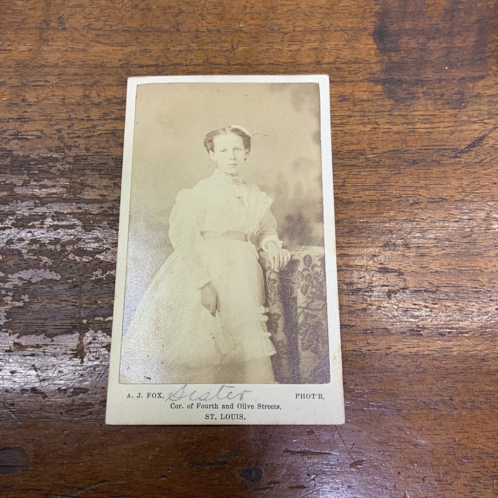 Mid 1800’s  CDV By A.J. Fox. Nice Looking Young Lady, White Dress   St. Louis Mo