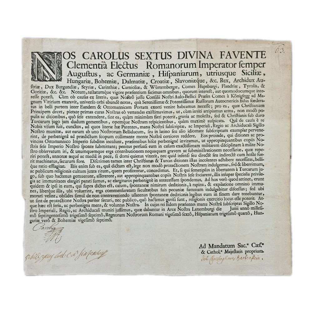 Charles VI Signed Catherine I Russian War Alliance Royal Proclamation Broadside