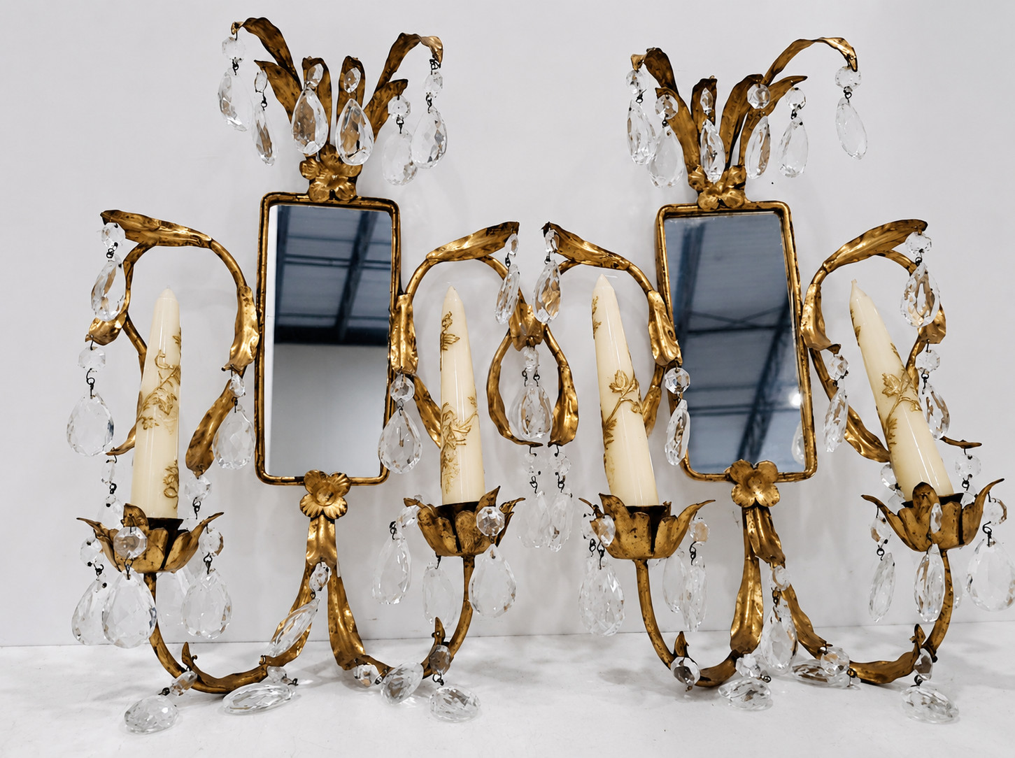 Pair Of Vintage Parcel-Gilt And Metal Two-Light Sconces (Italian/ French)