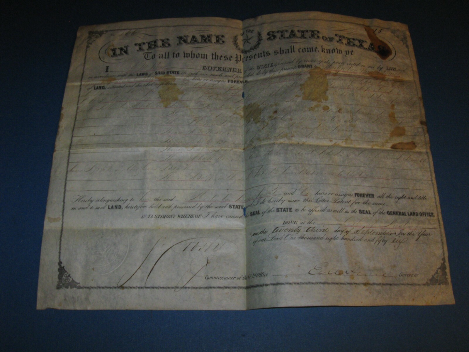 TEXAS LAND GRANT 1856 SIGNED GOVERNOR PEASE TEXAS LAND GRANT 1856 SIGNED GOVERNOR PEASE