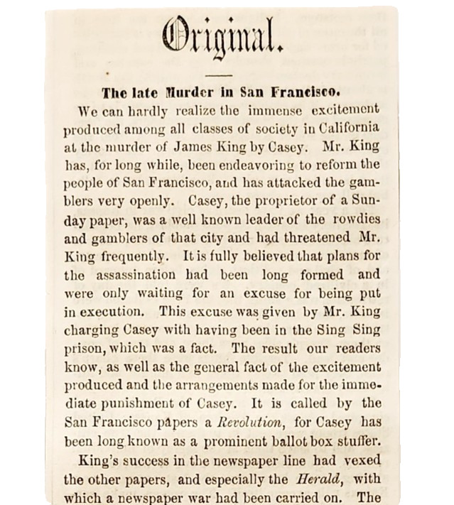 1856 Murder Of James King San Francisco Vigilante Casey News Article Clipping 1856 Murder Of James King San Francisco Vigilante Casey News Article Clipping