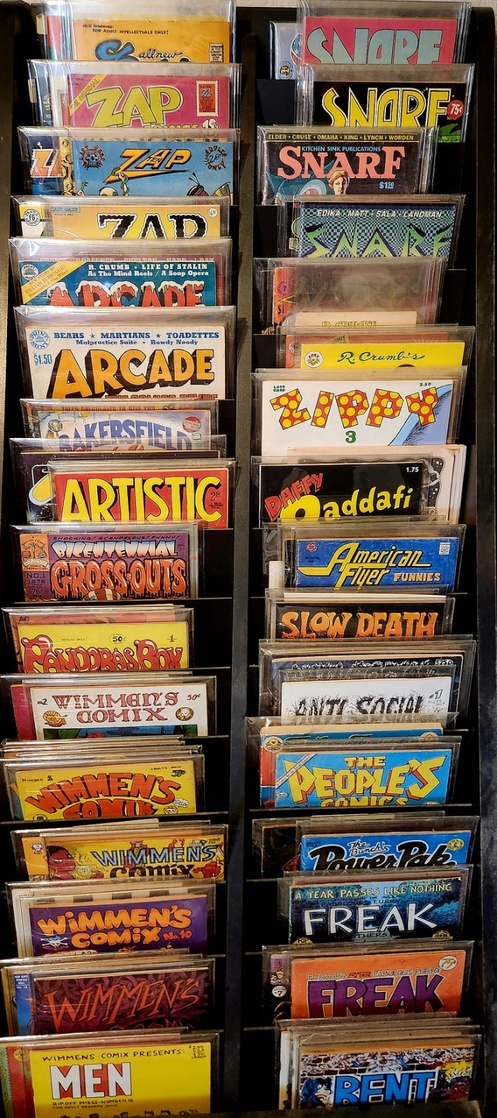 Underground Comix Collection In Display Rack With R.Crumb Metal Sign. 105 Books