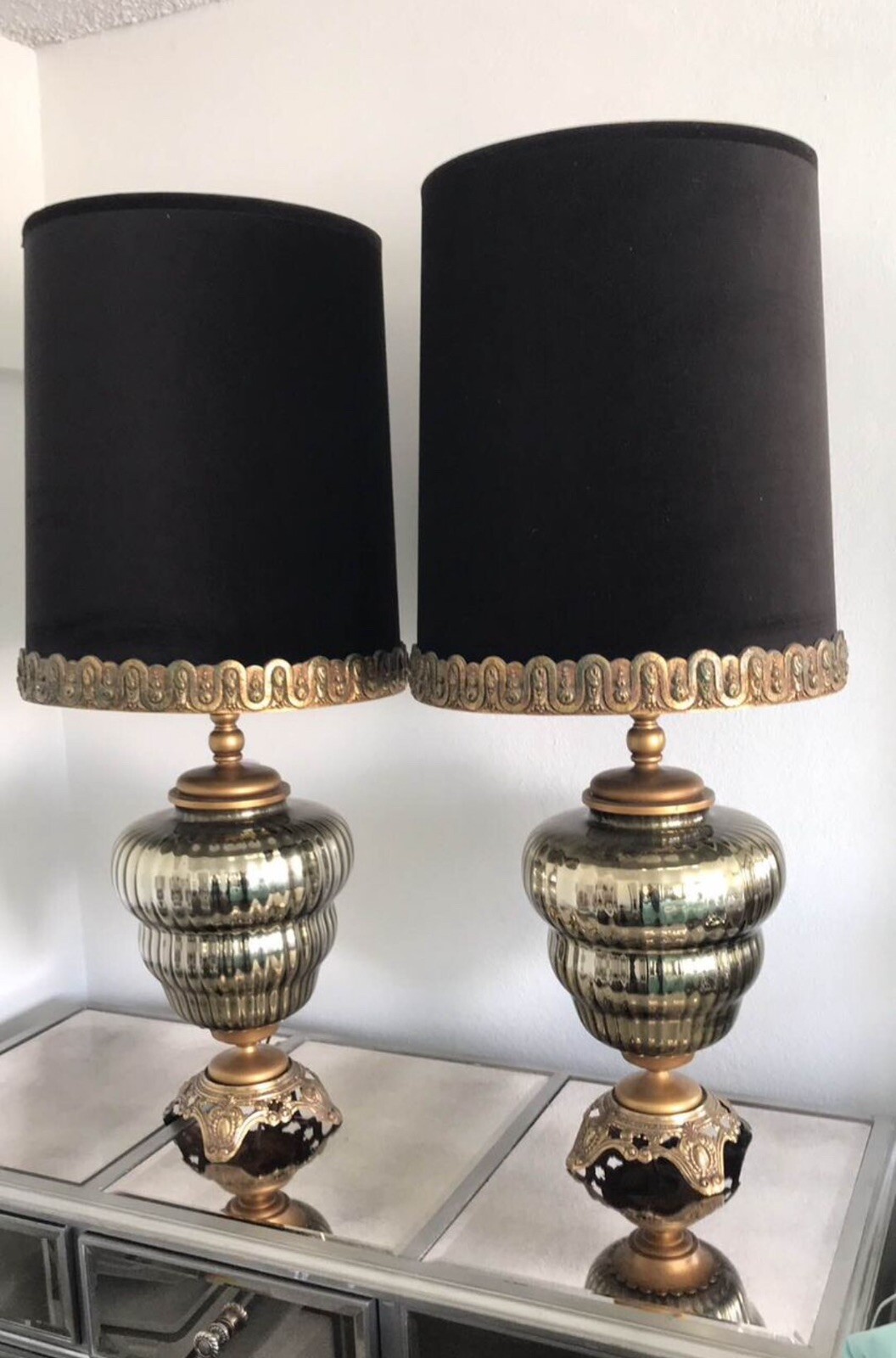 Fancy Pair Of Tall large mid Century Mirrored gold leaf patina velvet lamps Fancy Pair Of Tall large mid Century Mirrored gold leaf patina velvet lamps