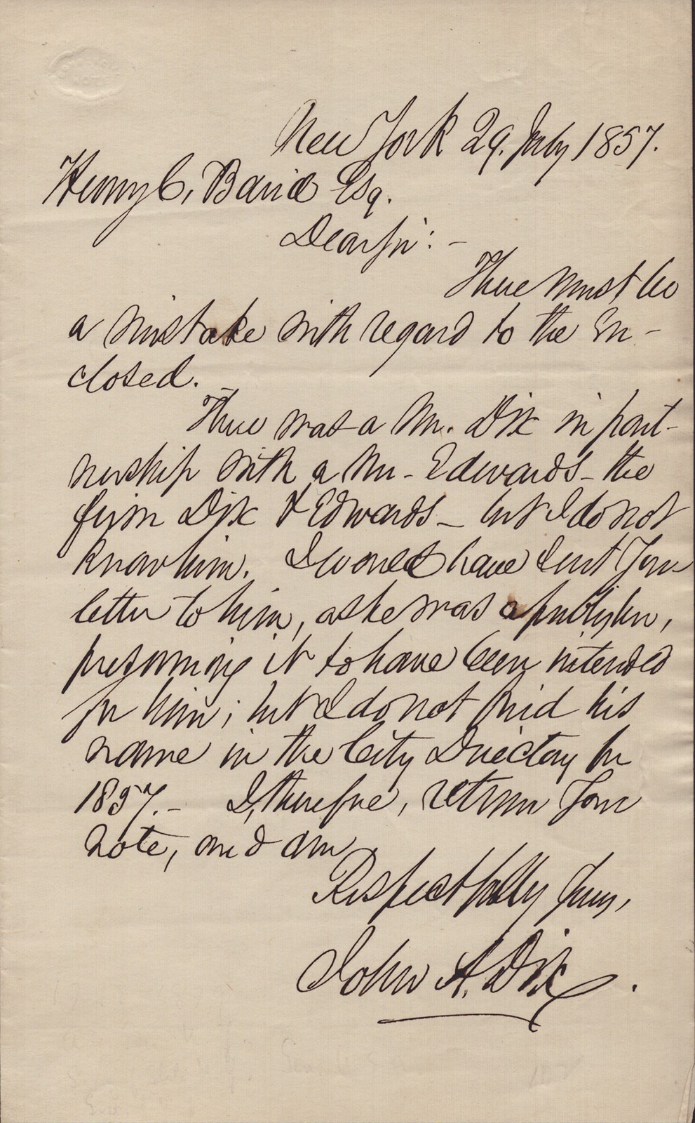 JOHN A. DIX - AUTOGRAPH LETTER SIGNED 07/29/1857