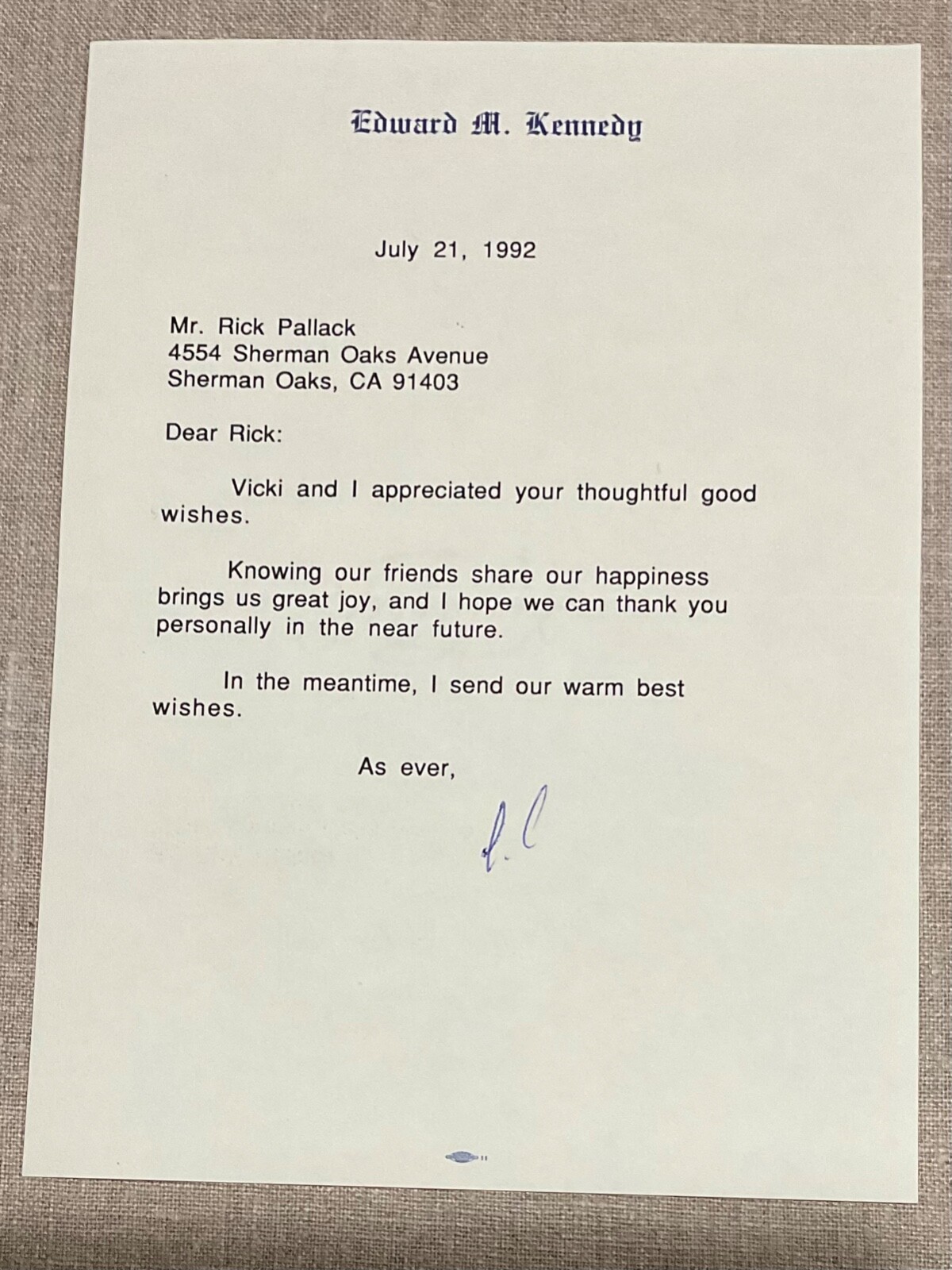 Senator Edward “Ted” Kennedy USA / Authentic Original Autographed Signed Letter