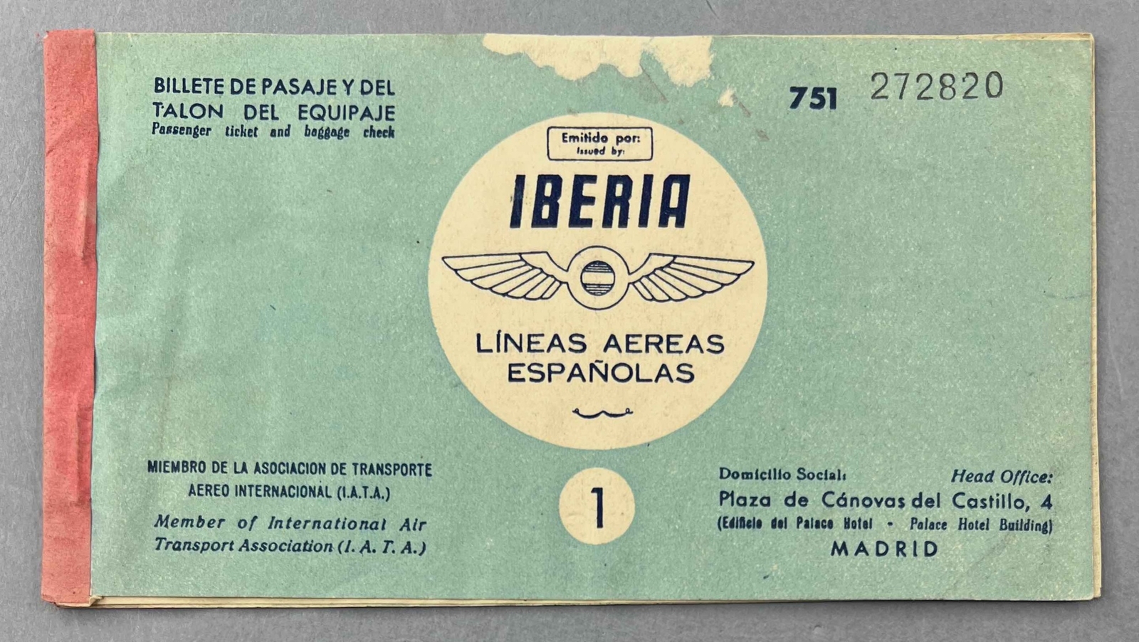 IBERIA SPAIN VINTAGE USED AIRLINE TICKET LINEAS AEREAS ESPAÑOLAS
