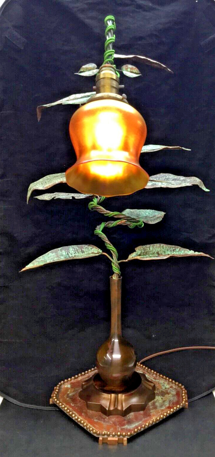Ken Reinhardt Flower Lamp, Bronze Vase, Copper Vine & Leaves Quezel Aurene Shade Ken Reinhardt Flower Lamp, Bronze Vase, Copper Vine & Leaves Quezel Aurene Shade