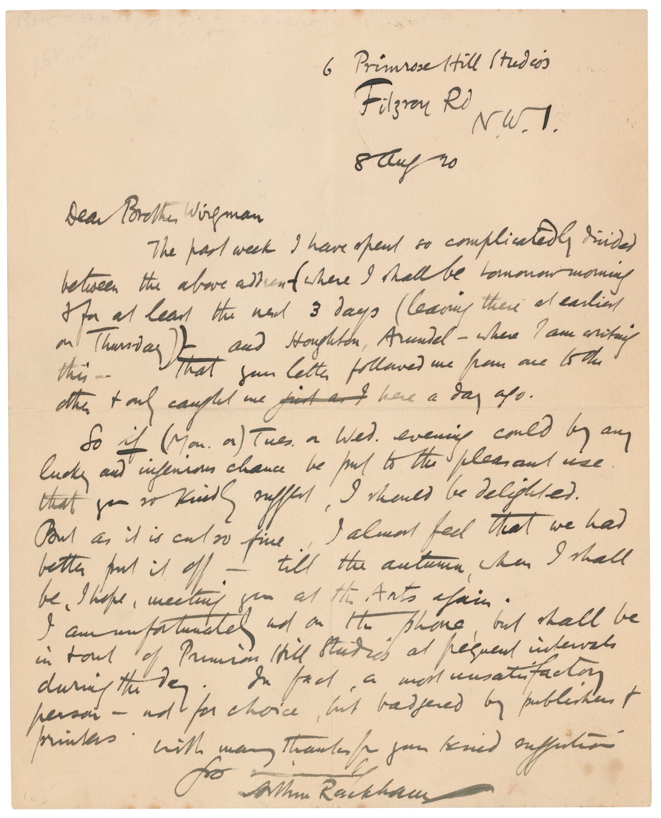 Famed British Illustrator ARTHUR RACKHAM, Autograph Letter Signed, August 1920 Famed British Illustrator ARTHUR RACKHAM, Autograph Letter Signed, August 1920