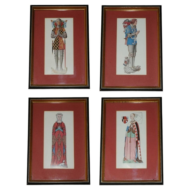 FOUR FRAMED WATER COLOUR PRINTS OF MEDIEVAL KNIGHTS & LADIES WITH INSCRIPTIONS