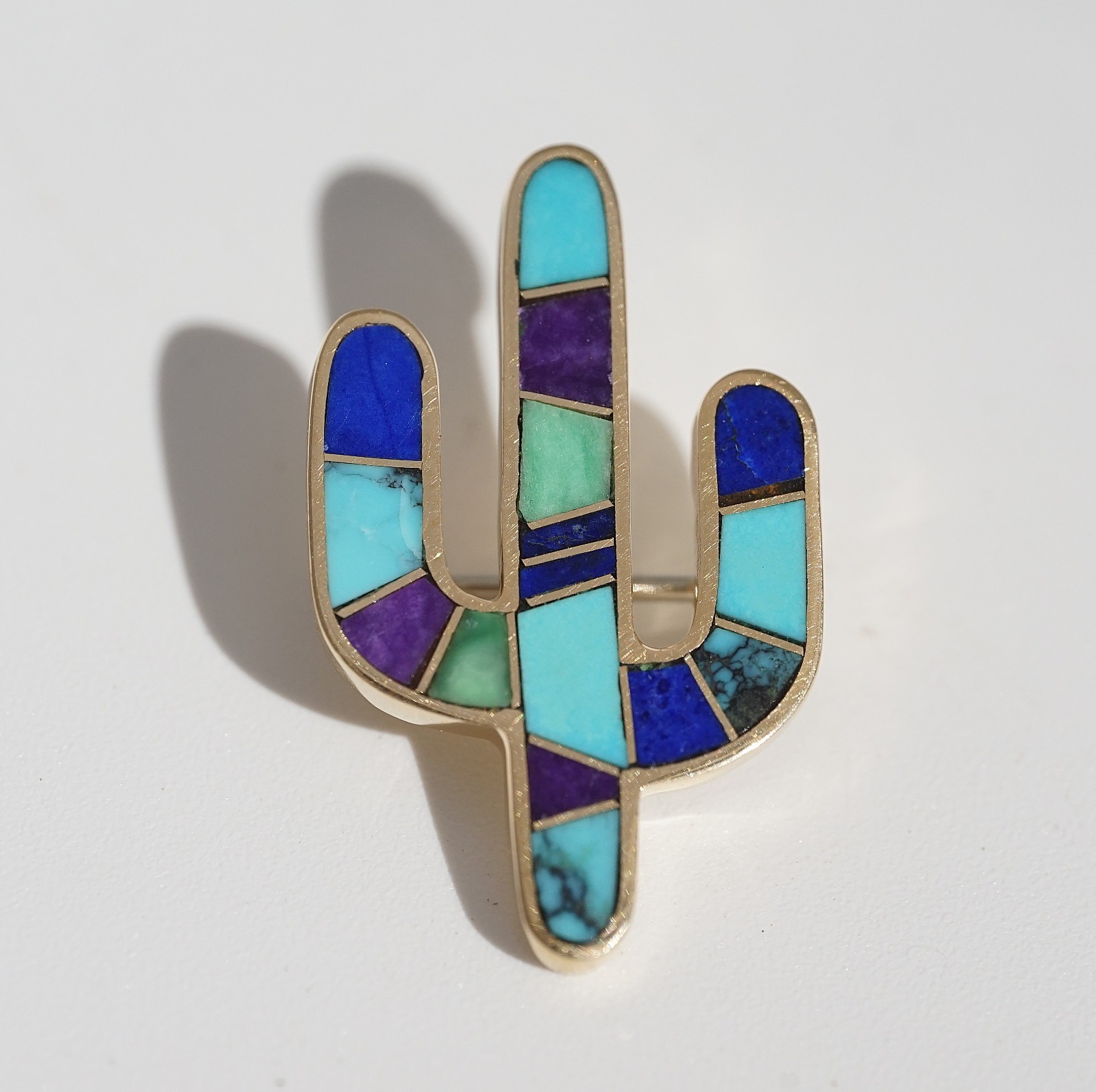 Earl Plummer Navajo 14k Solid Yellow Gold Multi-Stone Cactus Pendant Pin Brooch