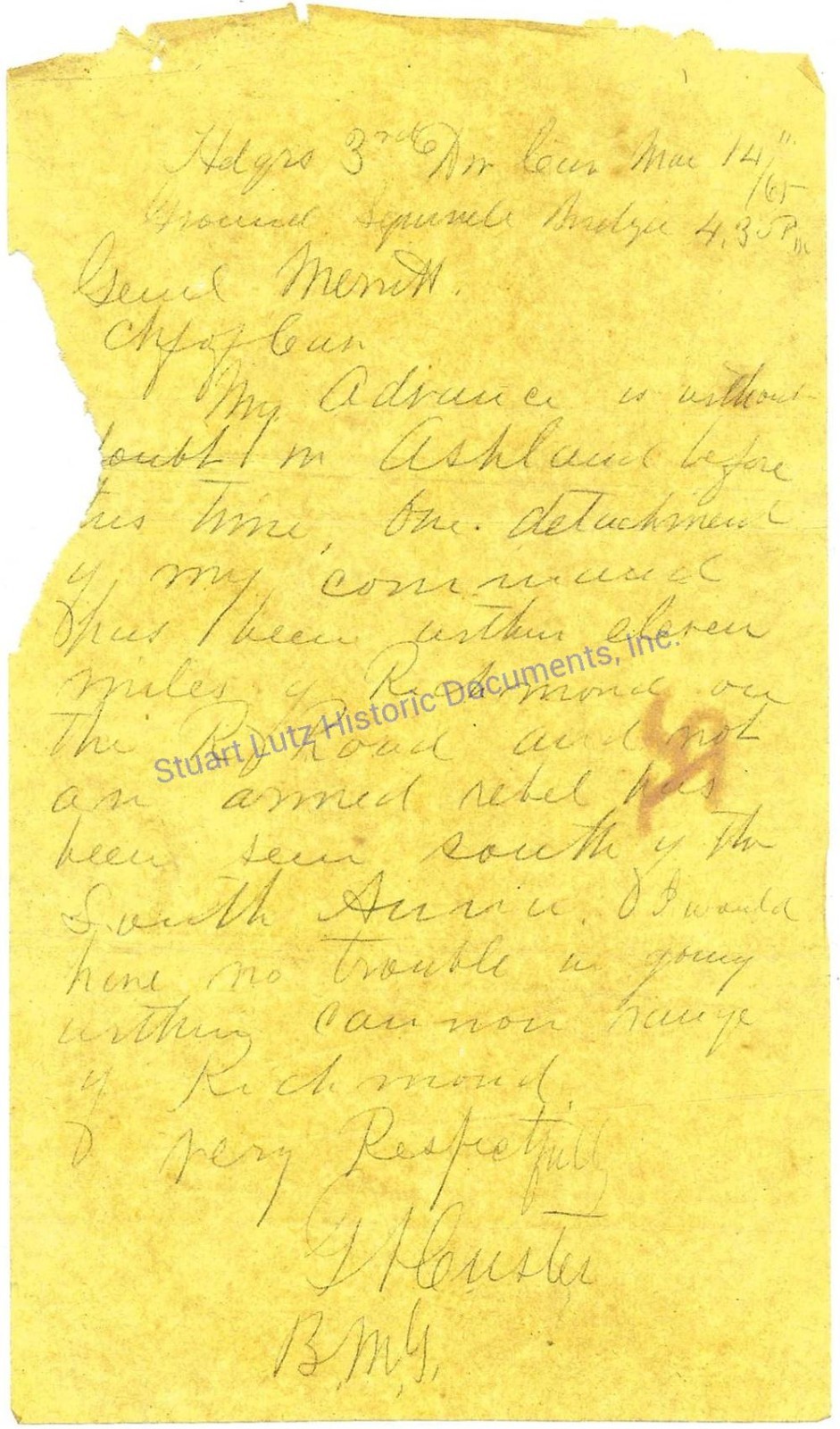 George Custer handwritten letter Mar 14 1865 boasting he could shell Richmond VA